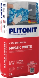 Купить PLITONIT MOSAIC WHITE белый клей для для для стеклянной мозаики, керамической плитки, керамогранита и натурального камня, клас 25 кг  (48шт/подд.) оптом в Москве от производителя