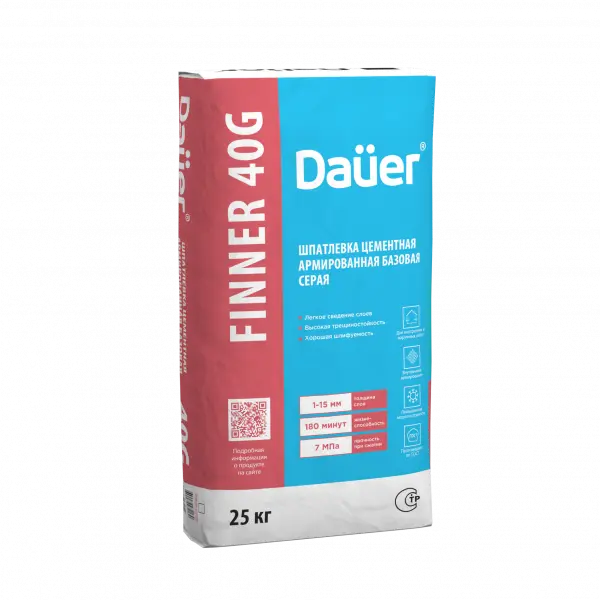 Купить Dauer Finner 40G Шпатлевка цементная армированная базовая серая 25 кг оптом в Москве от производителя