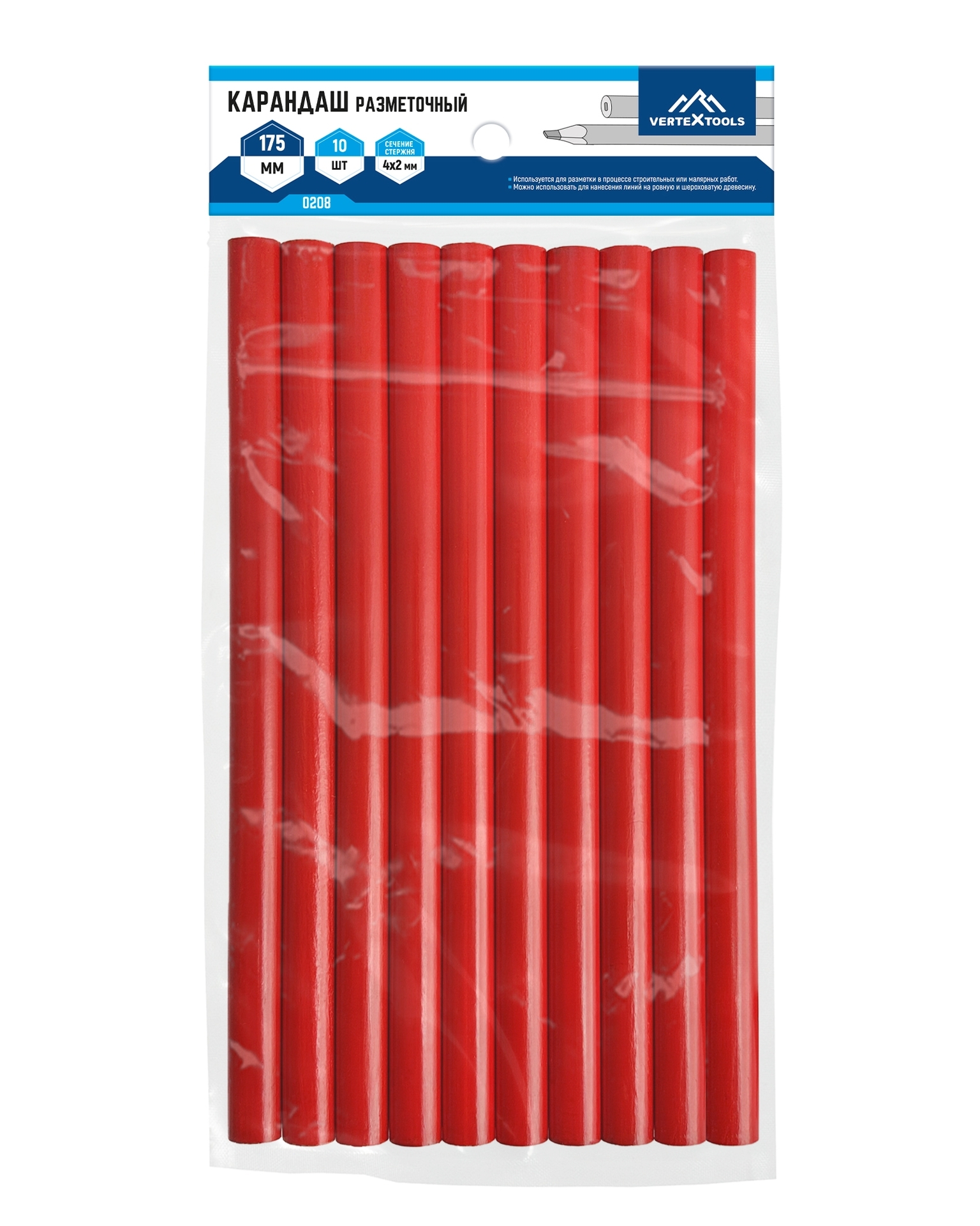 Купить VERTEXTOOLS КАРАНДАШ СТРОИТЕЛЬНЫЙ 10 шт (0208) оптом в Москве от производителя