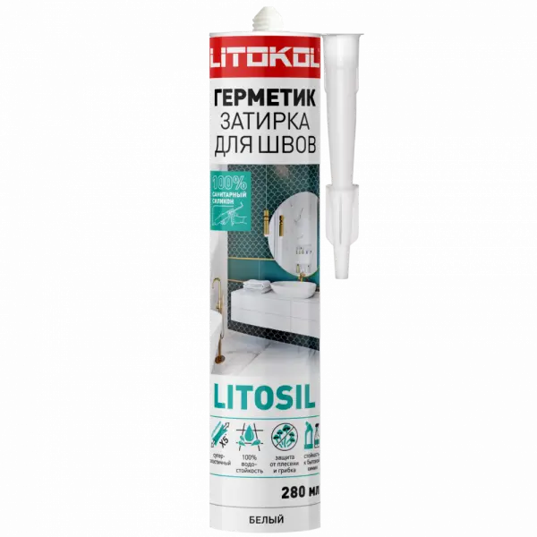 Купить Литокол LITOKOL LITOSIL Герметик-затирка высокоэластичный санитарный силиконовый для влажных помещений Белый 280 мл оптом в Москве от производителя