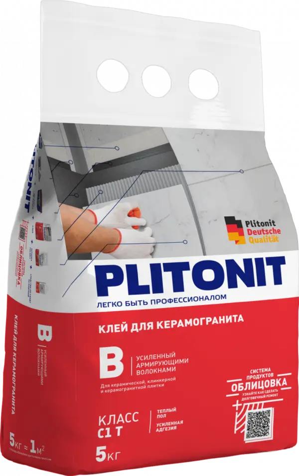 Купить PLITONIT В усиленный армирующими волокнами для керамогранитной и керамической плитки, класс С1Т 5 кг  (168шт/подд.) оптом в Москве от производителя