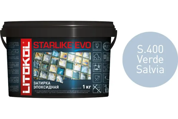 Купить Литокол Starlike Evo Эпоксидная затирка S.400 VERDE SALVIA (светло-голубой) 1кг оптом в Москве от производителя