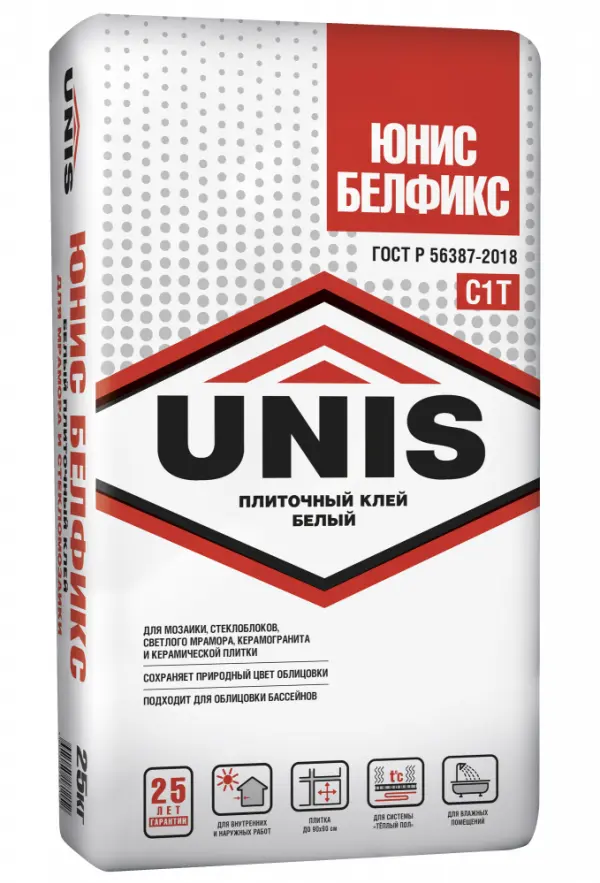 Купить Клей плиточный Юнис Белфикс белый, 25 кг оптом в Москве от производителя