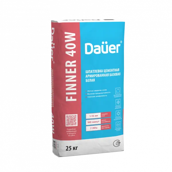 Купить Dauer Finner 40W Шпатлевка цементная армированная базовая белая 25 кг оптом в Москве от производителя