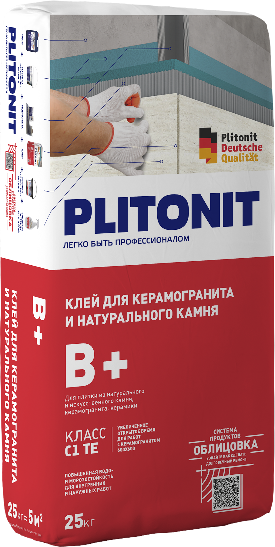 PLITONIT В+ Клей для крупноформатного керамогранита и натурального камня, класс С1ТЕ 25 кг  (48шт/подд.)