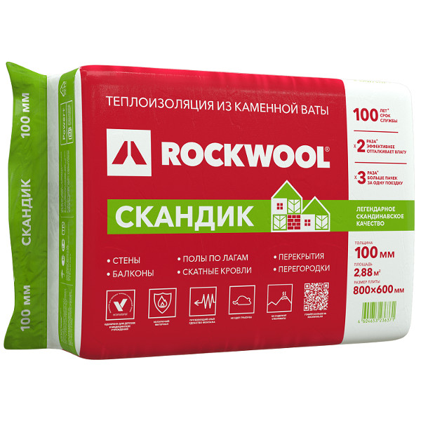 Базальтовая вата Rockwool Лайт Баттс Скандик 800х600х100 мм (6шт/2,88м2/0.288м3)