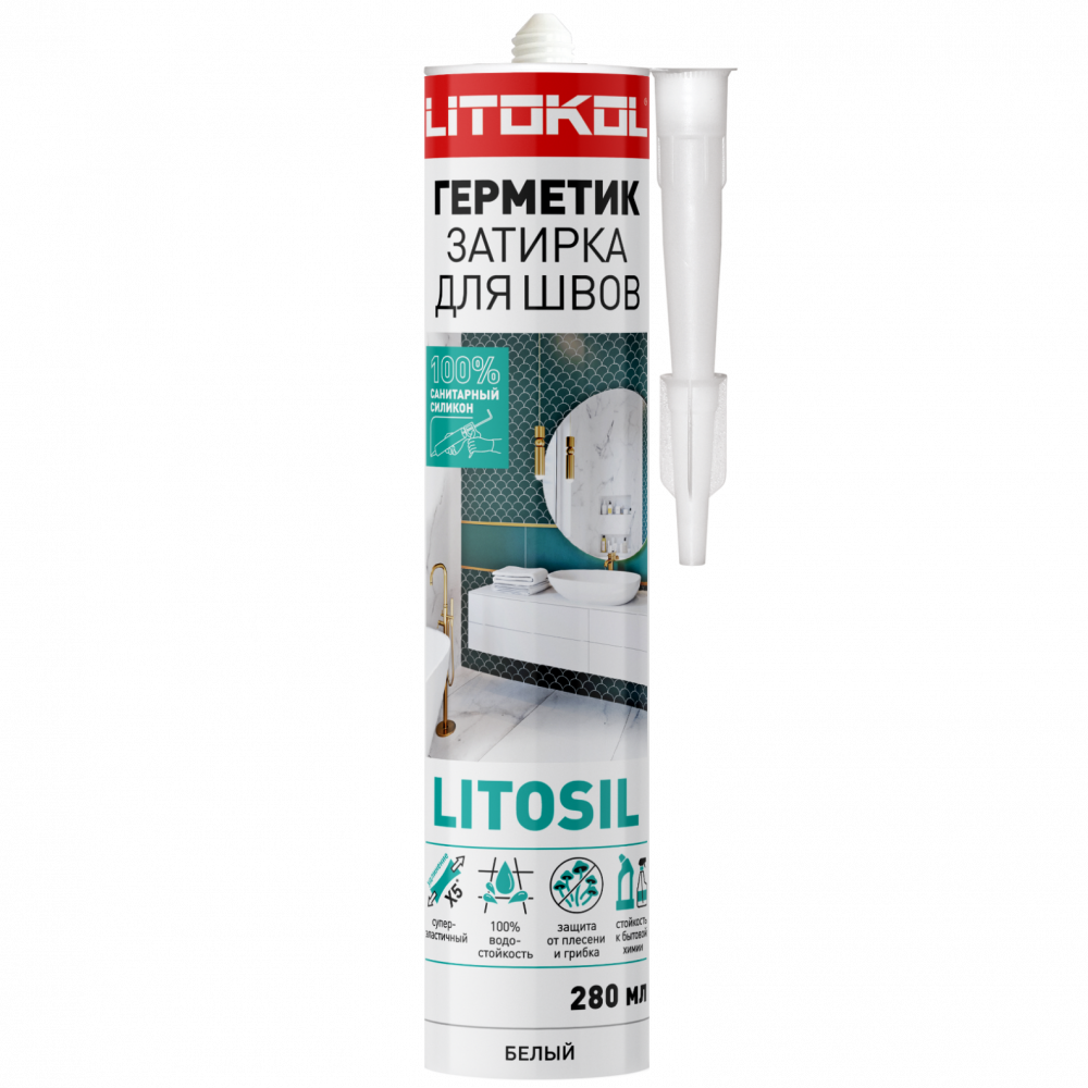 Литокол LITOKOL LITOSIL Герметик-затирка высокоэластичный санитарный силиконовый для влажных помещений Белый 280 мл
