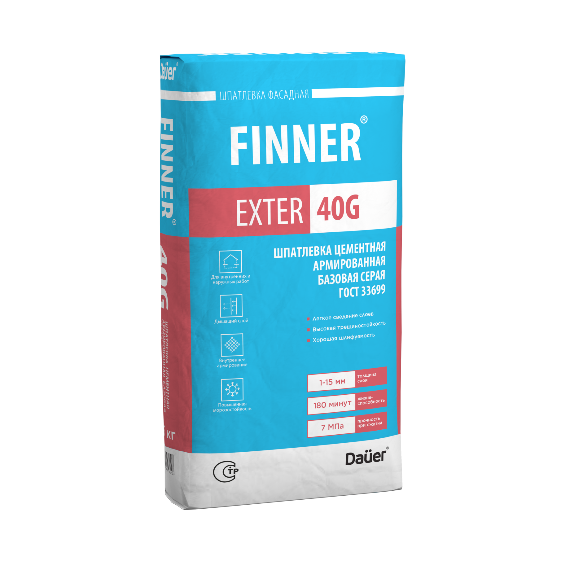 Купить Dauer FINNER EXTER 40 G Шпатлевка цементная армированная базовая серая 25 кг оптом в Москве от производителя