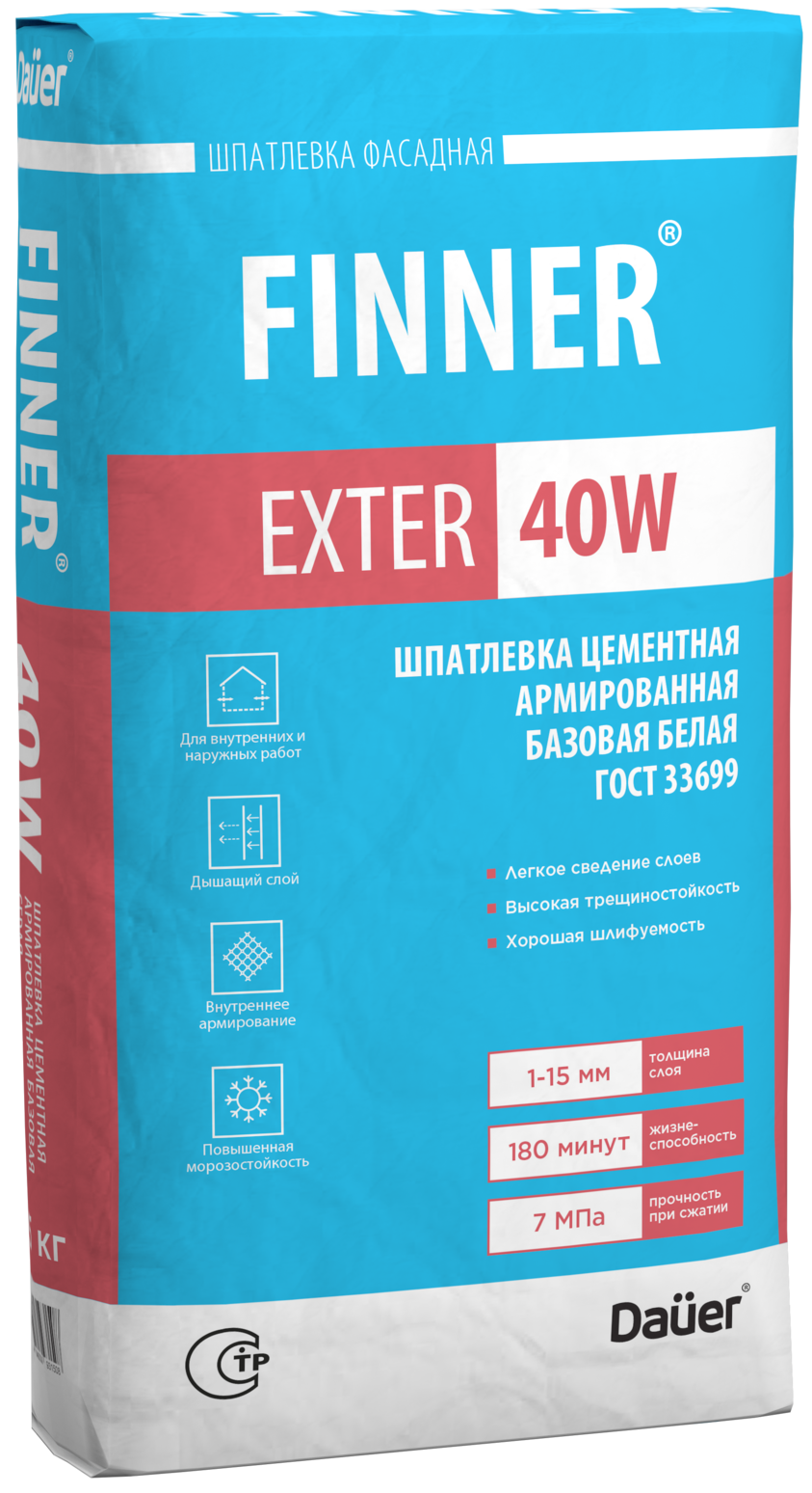 Купить Dauer FINNER EXTER 40 W ЗИМА Шпатлевка цементная армированная базовая белая 25 кг оптом в Москве от производителя