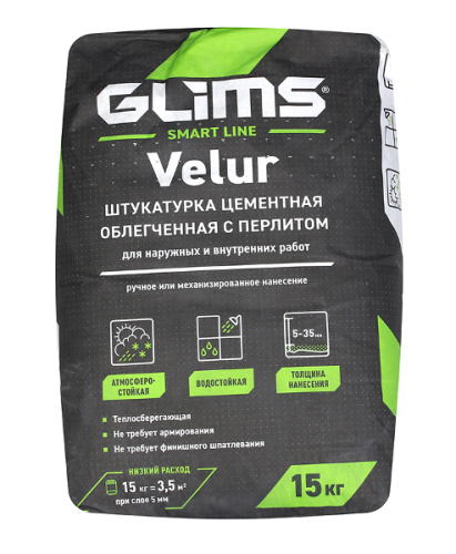 Штукатурка облегченная цементная Glims VeluR, 30 кг